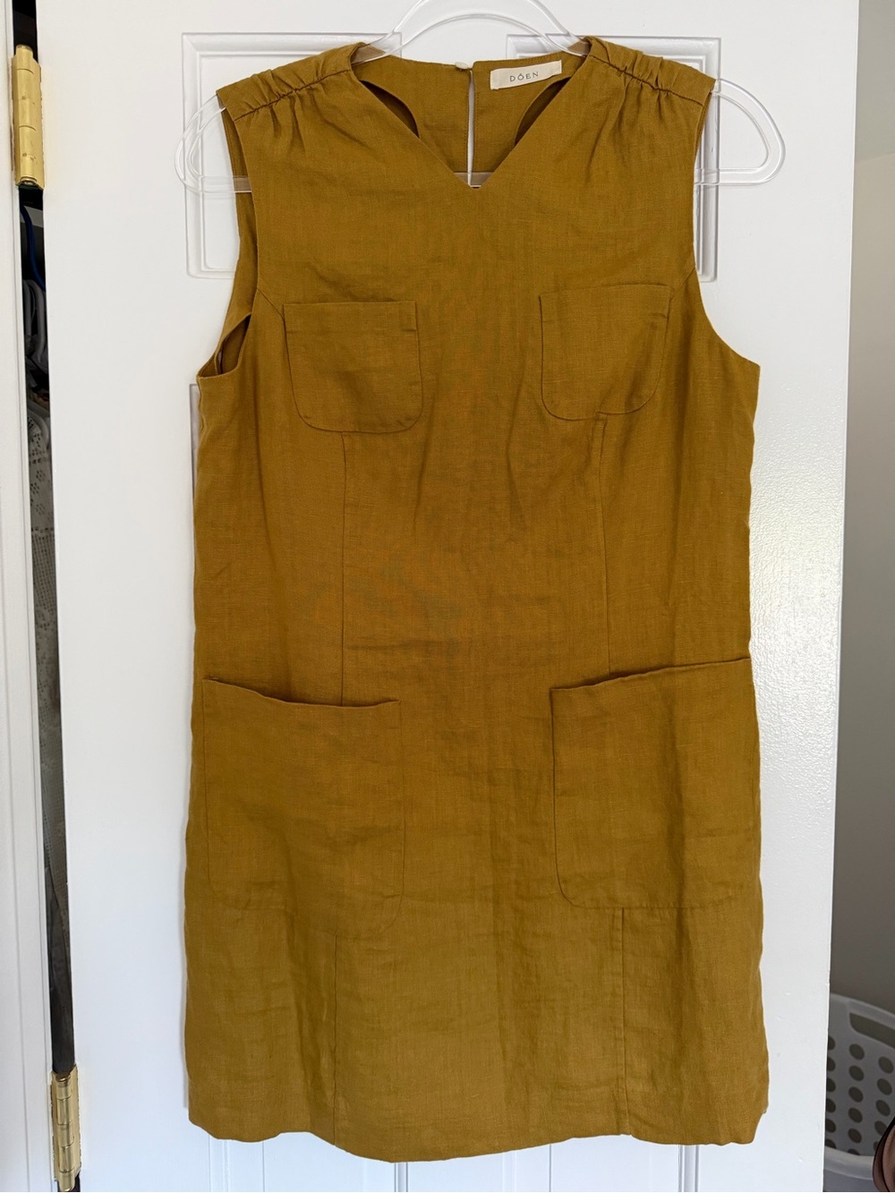Doen Mustard Sleeveless Linen Shift Dress with Patch Pockets